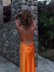 Lunivop Orange Satin Lace Up Sling Long Dresses Women Fashion V Neck Backless Sleeveless Maxi Robe Summer Female Evening Party Club Gown