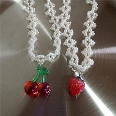 Lunivop Kpop Goth Vintage Cute Charm Cherry Strawberry Pendant Pearl Choker Necklace Women 2000s Y2K EMO Rave Jewelry Scene Accessories