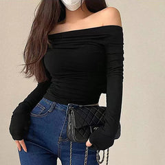 Lunivop Chic Women Sexy Off Shoulder T-shirt Winter Long Sleeve Slim Fit Crop Top Y2K Vintage Harajuku Black Tees Elegant Female Clothes