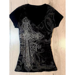 Lunivop Women Grunge T-shirts Summer Bottoming Crop Tops Vintage Slim Harajuku Causal Black Tshirts Y2k Aesthetic Flower Printing