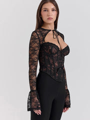 Lunivop Sexy See Through Lace Women Tops Black Long Sleeve Print Floral Two Piece Sets Female Autumn Skinny Elegant Streetwear