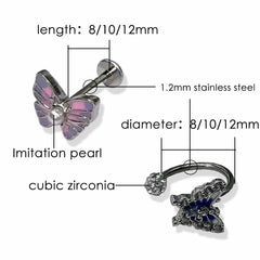 Lunivop 1pc Aesthetic Butterfly Lip Stud Stainless Steel Labret Piercing Y2K Sweet Cool Sparkling Zircon Cartilage Accessories Jewelry