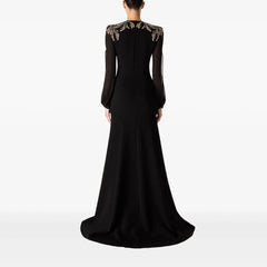 Lunivop Black Jersey Evening Dress Crystal Long Sleeves Elegant Women's Long Dresses V-Neck Floor Length Evening Gowns