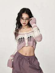 Lunivop Streetwear Hollow Out Cardigan Women Vintage Y2K Sexy Cropped Knitted Sweaters Fall Long Sleeve Loose Halter Striped Tops