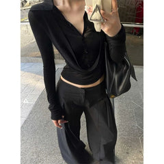 Lunivop Y2k Fake Two Piece V-neck All-match Shirts Women See Through Mesh Black Blusas Mujer 2025 Spring New Bottoming T-shirts