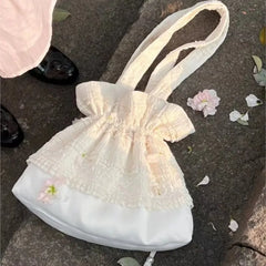 Lunivop Harajuku Lace Tote Bag Purse Women Fairycore Aesthetic Soft Beige Large Capacity Handbag Female Sweet Shoulder Bags Y2k