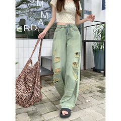 Lunivop Autumn American Ripped Blue Washed Jeans Women Oversized Retro Loose Casual Fashion Street High Waist Straight Wide Leg Jeans