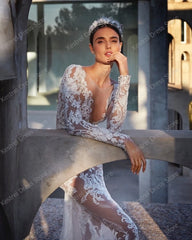 Lunivop Boho Lace Appliques Mermaid Wedding Dress Custom Made BacklessIllusion Dresses Long Sleeves Beach Bridal Gowns robes de soirée