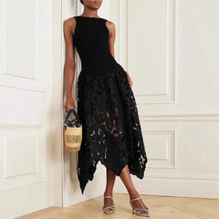 Lunivop Women Embroidery Patchwork Solid Gowns Dress Sexy Elegant O-neck Sleeveless Slim Party Dress Fashion Backless Zipper Long Dress