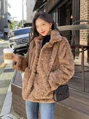 Lunivop Faux Lamb Vintage Coat Women Long Sleeve Winter Warm Sweet Jacket Korean Casual Female Pockets Solid Slim Retro Outwear Top