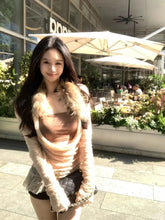 Lunivop Fashion Sexy V-neck Lace Blusas Mujer 2025 Summer New Fur Collar T-shirt for Women Y2k Grunge Slim Fit Long Sleeve Tops