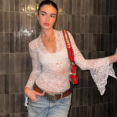 Lunivop Lace Long Sleeve Deep V See Through Solid Slim Women'S Tops Tshirts Casual Party Club Dropshipping New Arrival Clothes