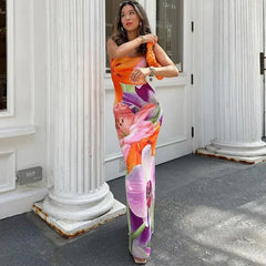 Lunivop American Women's Summer New Fashion Sexy Celebrity Backless Split Sling Long Printed Dress Women