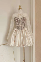 Lunivop French Style Lace-up Mesh Splicing Women Dress Block Color Lace Long Sleeve Dresses With Shorts 2025 Spring New