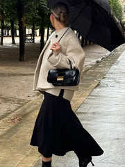 Lunivop Casual Single Button Women's Short Coats Elegant Solid O-neck Long Sleeved Jackets Female Autumn Warm Loose Commute Outwear Tops