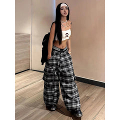 Lunivop Women Gothic Plaid Cargo Pants Y2k 2000s Streetwear Sweatpants Vintage High Waist Trousers Harajuku Wide Pants Aesthetic Clothes
