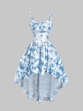 Lunivop Blue and white floral printed spaghetti strap sweetheart neck high waisted puffy dress