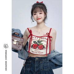 Lunivop Cherry Print Camisole Vest for Women Y2k Fashion Sexy Slim Fit Crop Top T-shirts 2025 Summer New Strapless Tops Mujer