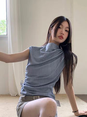Lunivop Streetwear Y2K Slim Tanks Women Shirring Vintage Casual Tops Summer Sleeveless Female Retro Half Turtleneck Harajuku Tanks