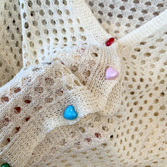 Lunivop Crochet Cardigan Women Multicolor Heart Button Front Long Sleeve Sheer Openwork Knit Top Jacket Teen-girl Boho Vacation Outfit