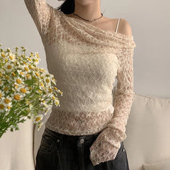 Lunivop Transparent Lace Crop Top Asymmetrical Off-shoulder Long Sleeve Smock T-shirts Women Summer Casual Tees y2k Vintage Tees