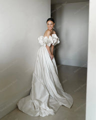 Lunivop Simple Beige Satin Strapless Wedding Dress Hi Low Sweep Train Banquet Dress Women Hand Made Floral Appliques Slit Bridal Dresses