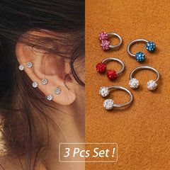 Lunivop 3pcs C-Shaped Horseshoe Double Ball Studded With Cubic Zirconia Earrings Surgical Steel Cartilage Earrings Nose Ring Lip Ring