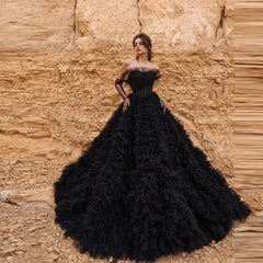 Lunivop Strapless Black Tulle Ball Gown Ruffled Layered Custom Floor Length Woman Evening Dresses Custom Made Plus Size Wedding Dresses