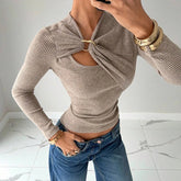 Lunivop Khaki Irregular Tight Hollowed Out Long Sleeve Metal Decoration Autumn Winter Sexy Casual Personalized Women's Tops Daily Outfit