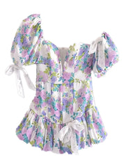Lunivop Sexy Short Lantern sleeve One Shoulder Party Dresses Retro Women Spliced Bow Bandage Floral Print Mini Dress