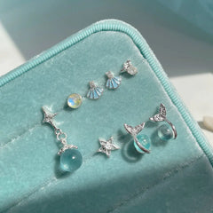 Lunivop 6PCS Set Blue Opal Star Cross Fish Pearls Shells Dangle Earrings For Women Fashion Trendy Y2K Goth Aesthetic Jewelry Accessories