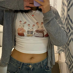 Lunivop Y2k Round Neck Slim-Fit Leaky Navel Short Sleeve Cute Bunny Print Millennial Style Short Sleeve Vintage Cute Crop Top Women