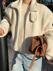 Lunivop Casual Patchwork Lamb Wool Short Coat Women Loose Solid Long Sleeved Jackets Female Autumn Winter Thickening Warm Outwear Tops