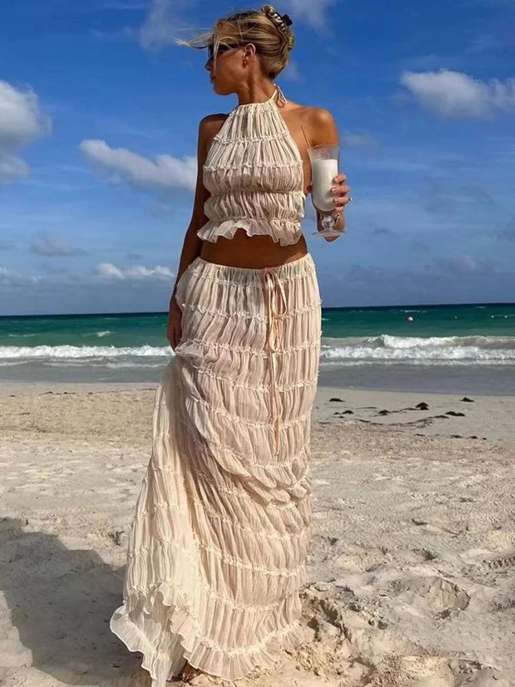 Lunivop Sexy Backless Lace Two Piece Sets Women Skirt Suit Apricot See Through Long Skirt Sets Summer Holiday Casual Beachwear