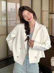 Lunivop Elegant White Blazer Women Slim Long Sleeve Korean Sweet Suit Coat Casual Fashion Fall Double Breasted Female Chic Short Outwear