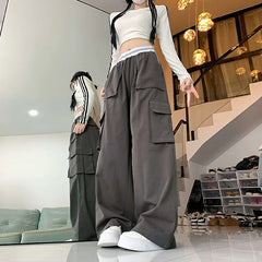 Lunivop Vintage Solid Baggy Cargo Pants For Women 2024 Autumn Casual Women's Drawstring Wide Leg Pants Female Street Loose Long Trouser