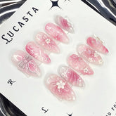 Lunivop 24pcs Press on Nails Acrylic with Tools 3D Butterfly Flowers Nail Tips Sweet Pink False Nails To Stick Almonds Nail Art Women