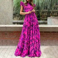 Lunivop Womens Dresses Spring New Fashion Printed Temperament Flying Sleeves High Waist Casual Long Dress