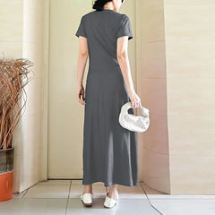 Lunivop Women's new summer American fashion pink skirt printed round neck pearl hanging chain split fork long dress