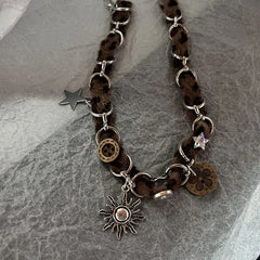 Lunivop Y2K Brown Opal Sun Pendant Necklace for Men Women Hip Hop Crystal Cross Leather Patchwork Necklace Grunge Party Jewelry