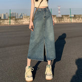 Lunivop Summer Women High-waist Retro A- line Skirt Pockets Front Slit Washed Blue Denim Skirts Hip-covering Straight Long Jeans Skirt