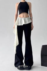 Lunivop Lace Patchwork Lace Up Pants for Women New Slim Fit Fake Two Piece Flare Pants Y2k High Waist Black Straight Trousers