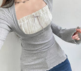 Lunivop Cute Bow Stitched T-shirts Ladies Kawaii Folds Square Collar Full Sleeve Patchwork Fake Two-piece Crop Top Autumn Shirts