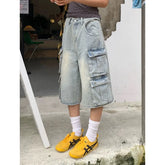 Lunivop Women Short Jeans Blue American Vintage Y2K Straight Streetwear Wide Leg Pants High Waist Female Summer Knee Length Denim Shorts