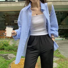Lunivop Korean Women's Shirt Sunscreen Long Sleeves Shirt Summer Women's Loose Casual Single Breasted Turndown Collar Plaid