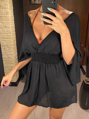 Lunivop New Sexy V Neck Long Sleeve Backless Chiffon Tunic Beach Cover Up Beach Cover-ups Beach Dress Beach Wear Beachwear