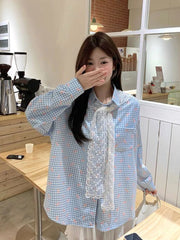 Lunivop Bow Print Plaid Shirts Women Casual Sweet Lace Shawl Long Sleeve Blouse Korean Fashion Loose Preppy Style Cute Chic Tops