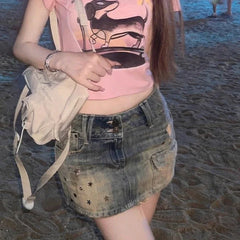 Lunivop Vintage Y2k Denim Skirt Women Sexy Harajuku Star Streetwear Mini Skirts A-line Retro Fashion Slim Up Casual Jeans Skirt