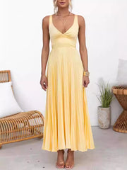 Lunivop Summer Fashion New Style Women's Elegant Strap Fold Style Loose Solid Color Vacation Style Banquet Style Women's Long Dress