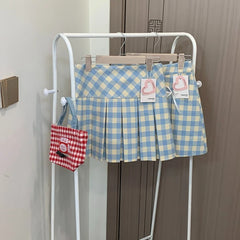 Lunivop American Blue Constrast Color Plaid Pleated Short Skirt Y2k All Match Preppy Style Women Clothes Harajuku Spring Autumn Skirt